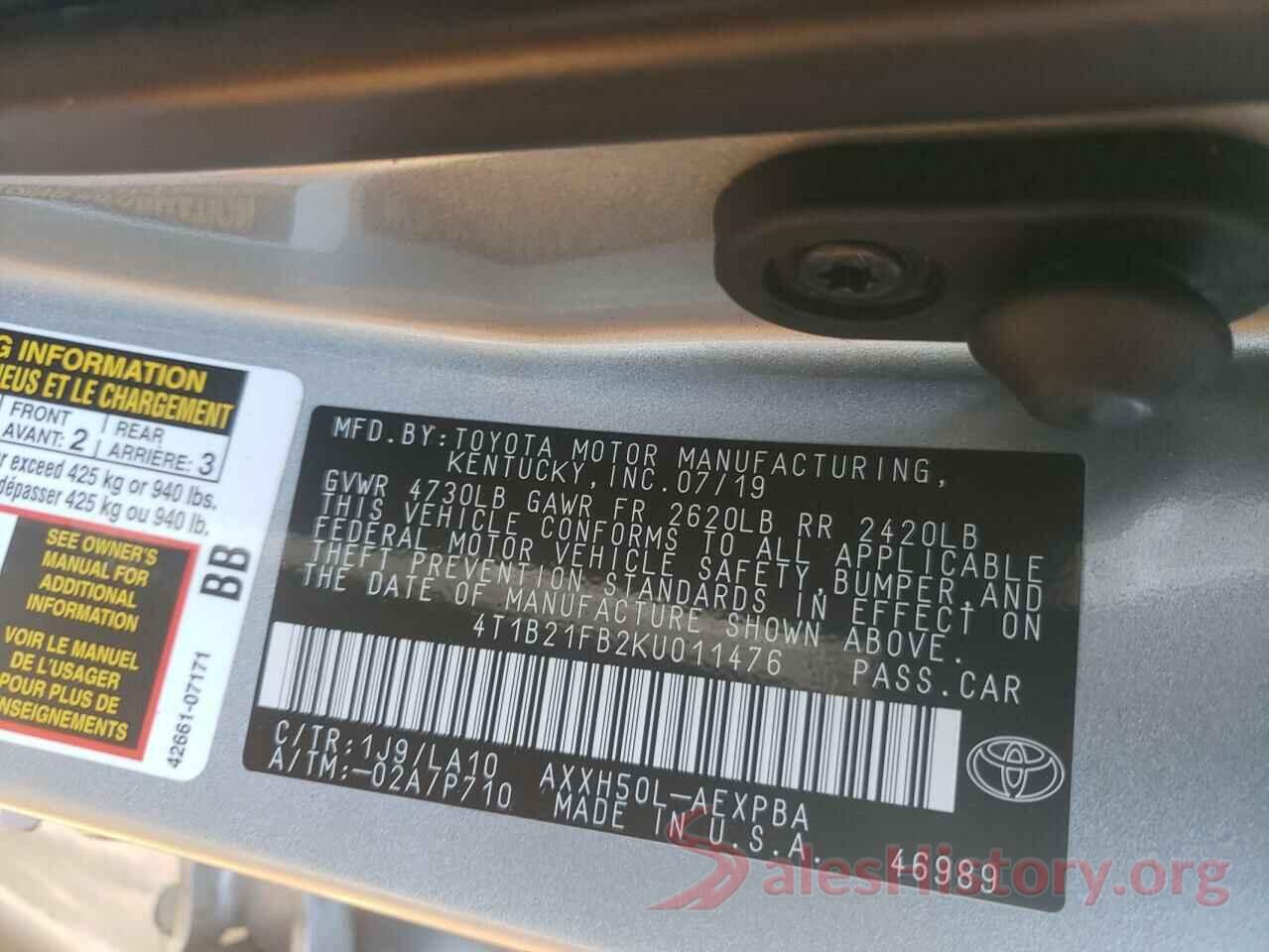 4T1B21FB2KU011476 2019 TOYOTA AVALON