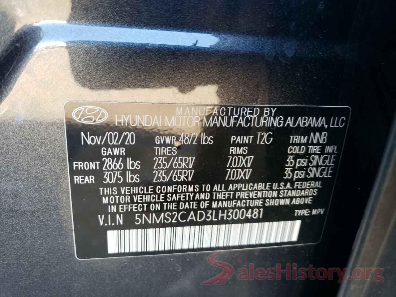 5NMS2CAD3LH300481 2020 HYUNDAI SANTA FE