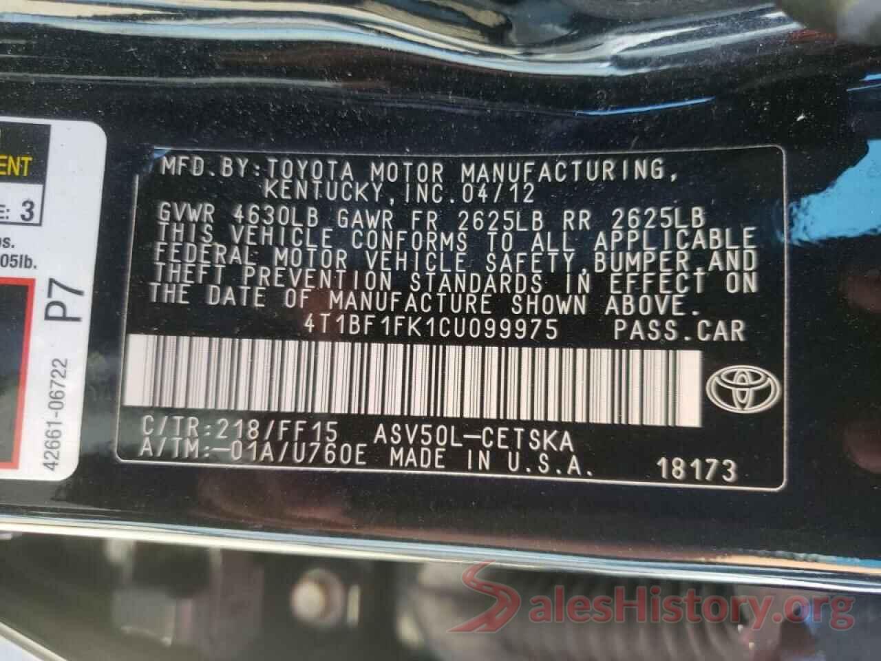 4T1BF1FK1CU099975 2012 TOYOTA CAMRY