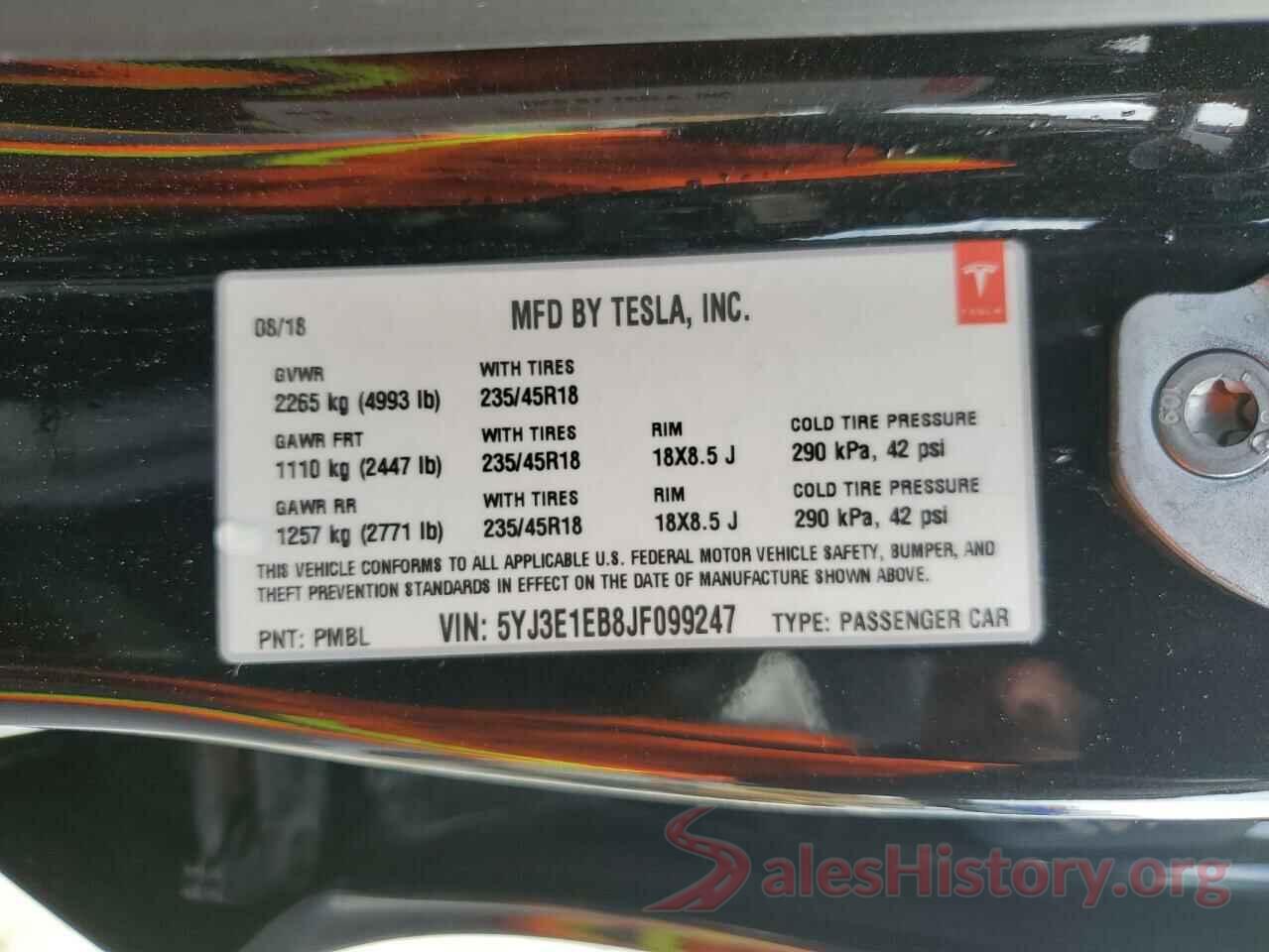 5YJ3E1EB8JF099247 2018 TESLA MODEL 3