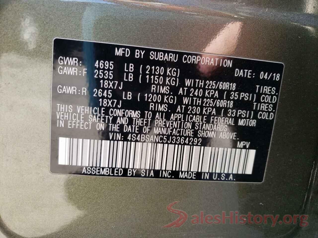 4S4BSANC5J3364292 2018 SUBARU OUTBACK