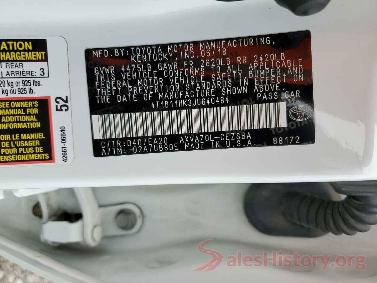 4T1B11HK3JU640484 2018 TOYOTA CAMRY