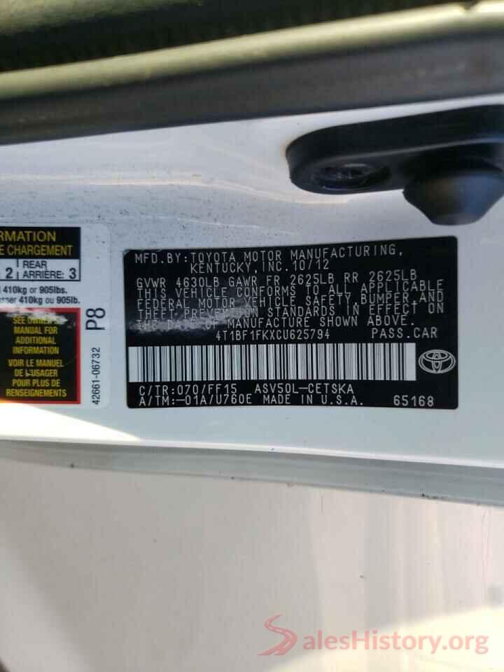 4T1BF1FKXCU625794 2012 TOYOTA CAMRY