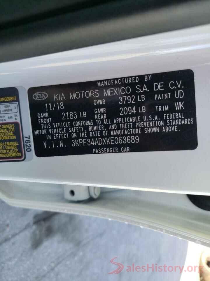 3KPF34ADXKE063689 2019 KIA FORTE