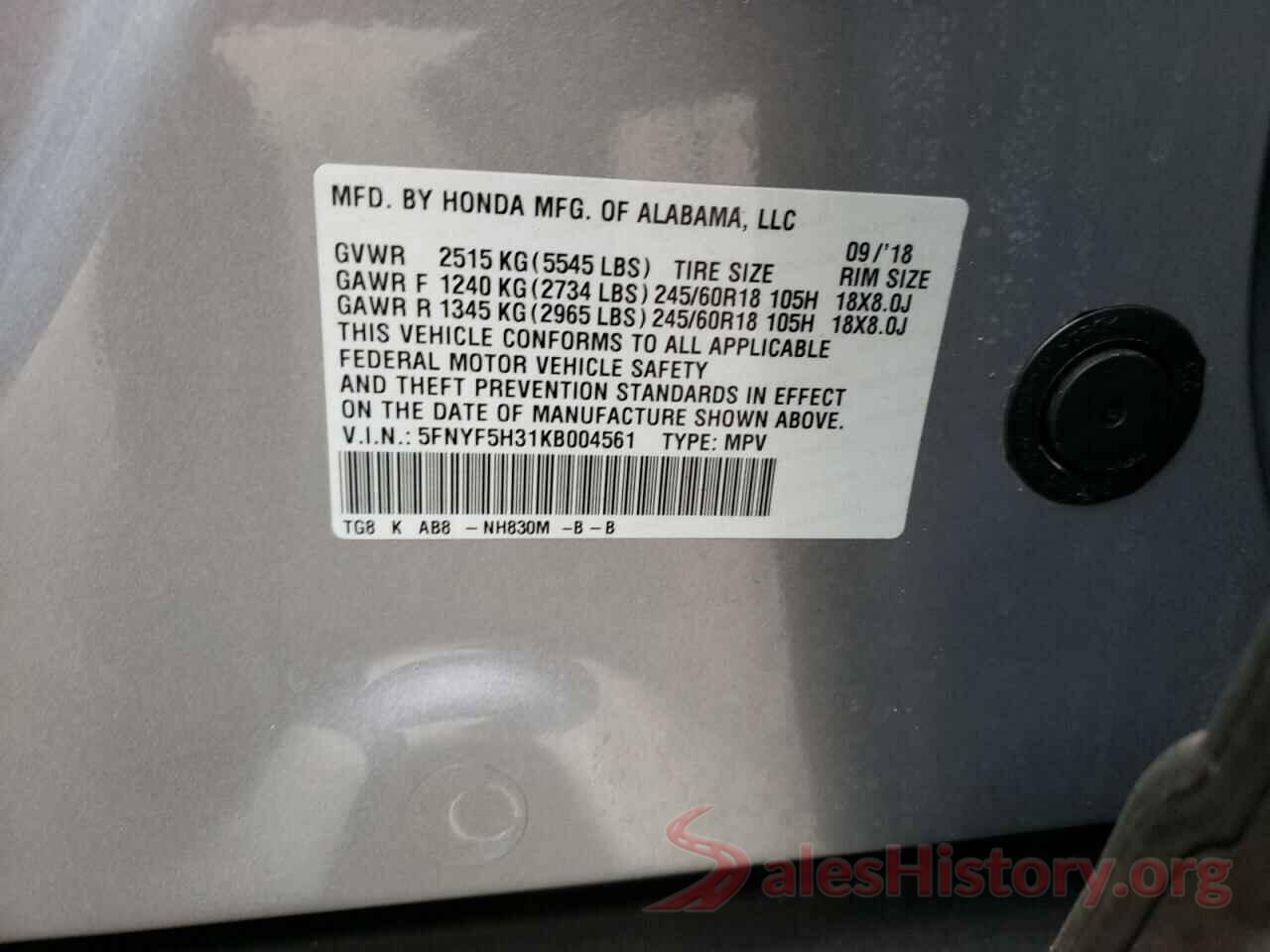 5FNYF5H31KB004561 2019 HONDA PILOT