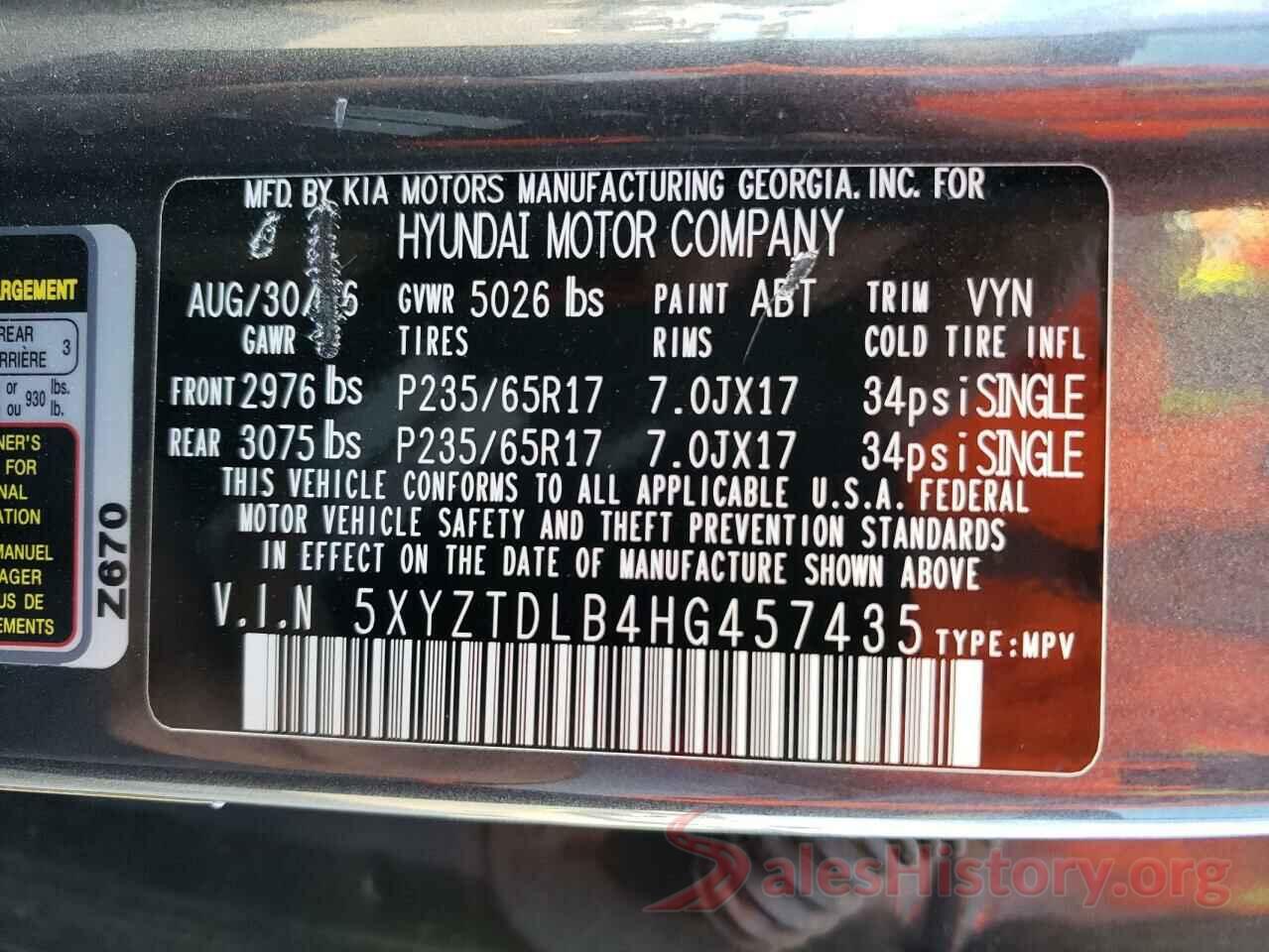 5XYZTDLB4HG457435 2017 HYUNDAI SANTA FE