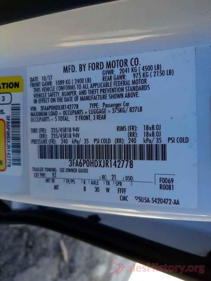 3FA6P0HDXJR142778 2018 FORD FUSION