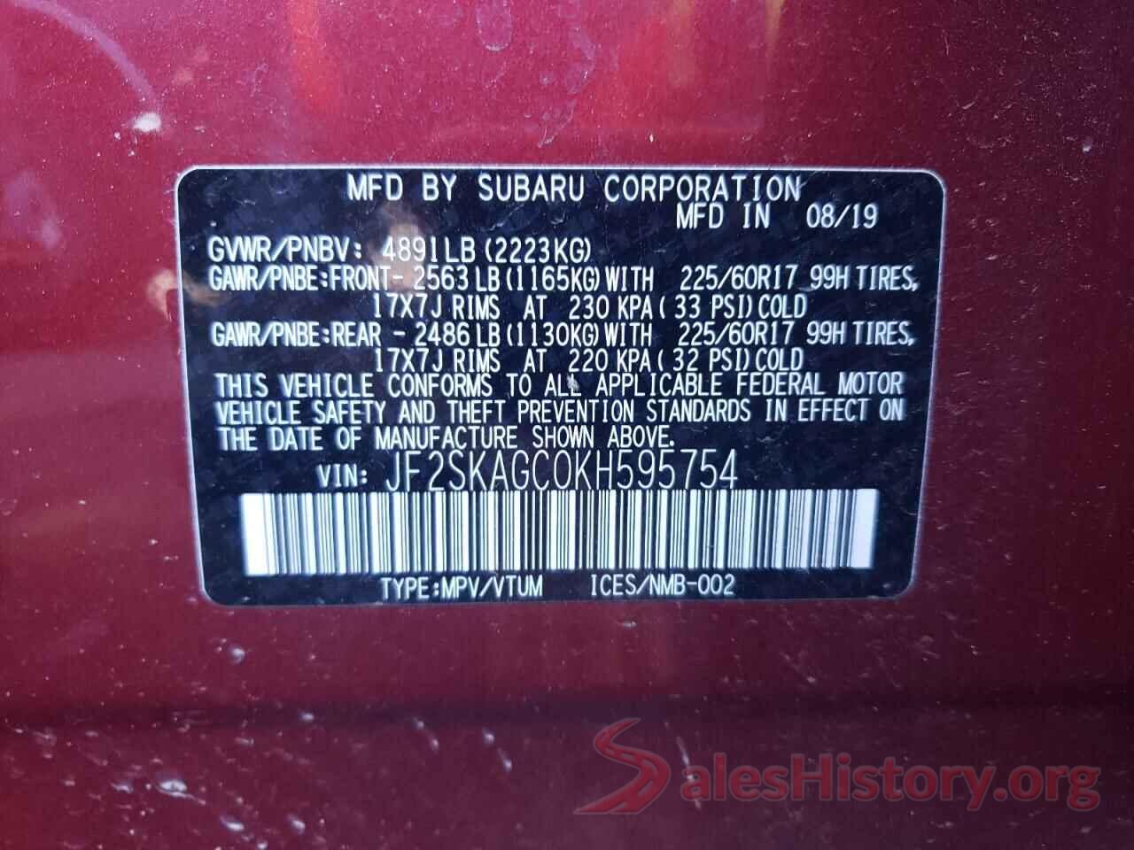 JF2SKAGC0KH595754 2019 SUBARU FORESTER