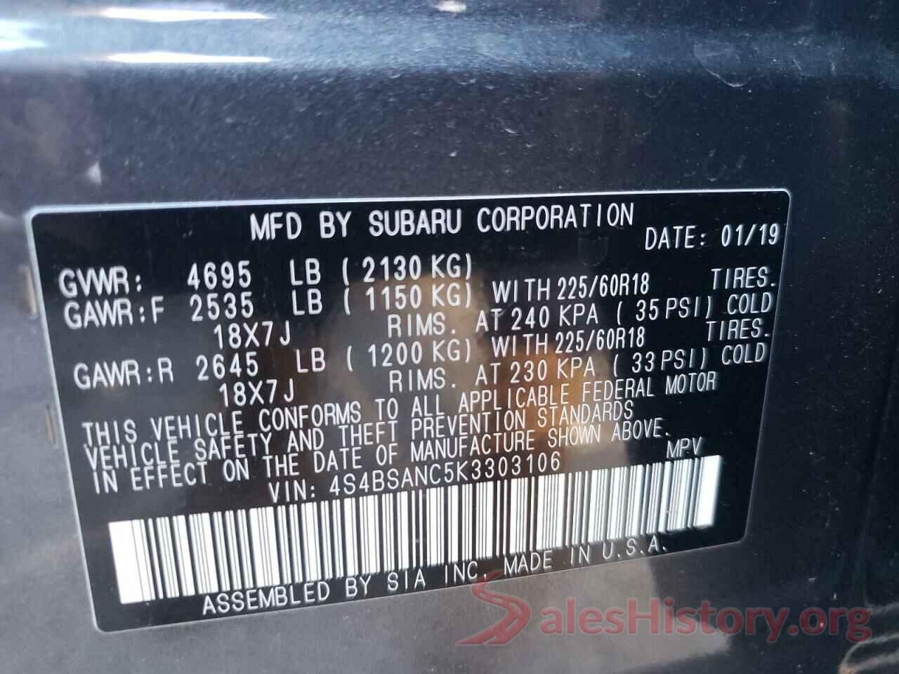 4S4BSANC5K3303106 2019 SUBARU OUTBACK