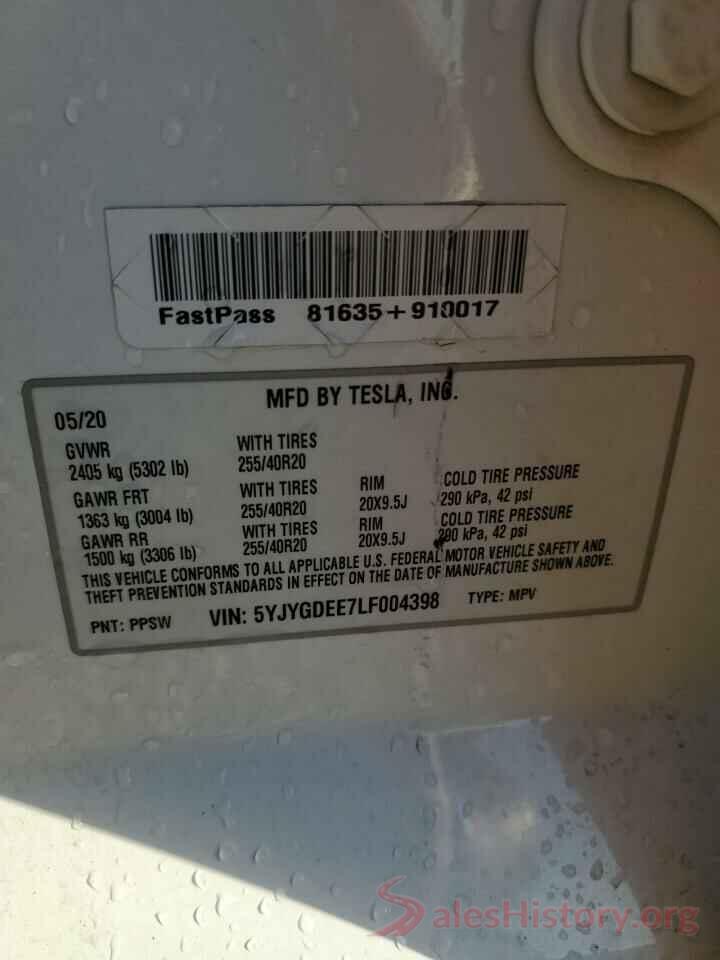 5YJYGDEE7LF004398 2020 TESLA MODEL Y