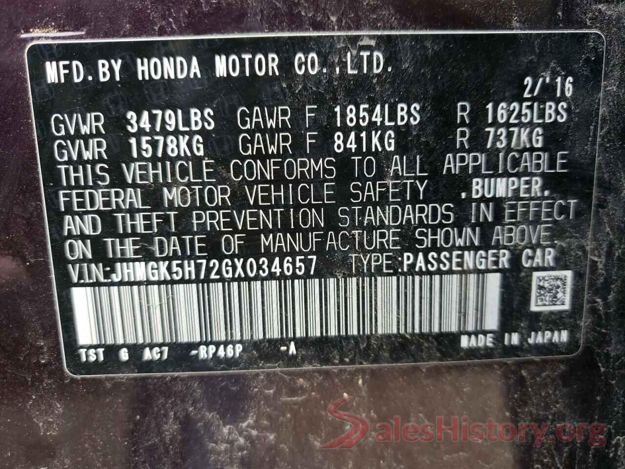 JHMGK5H72GX034657 2016 HONDA FIT