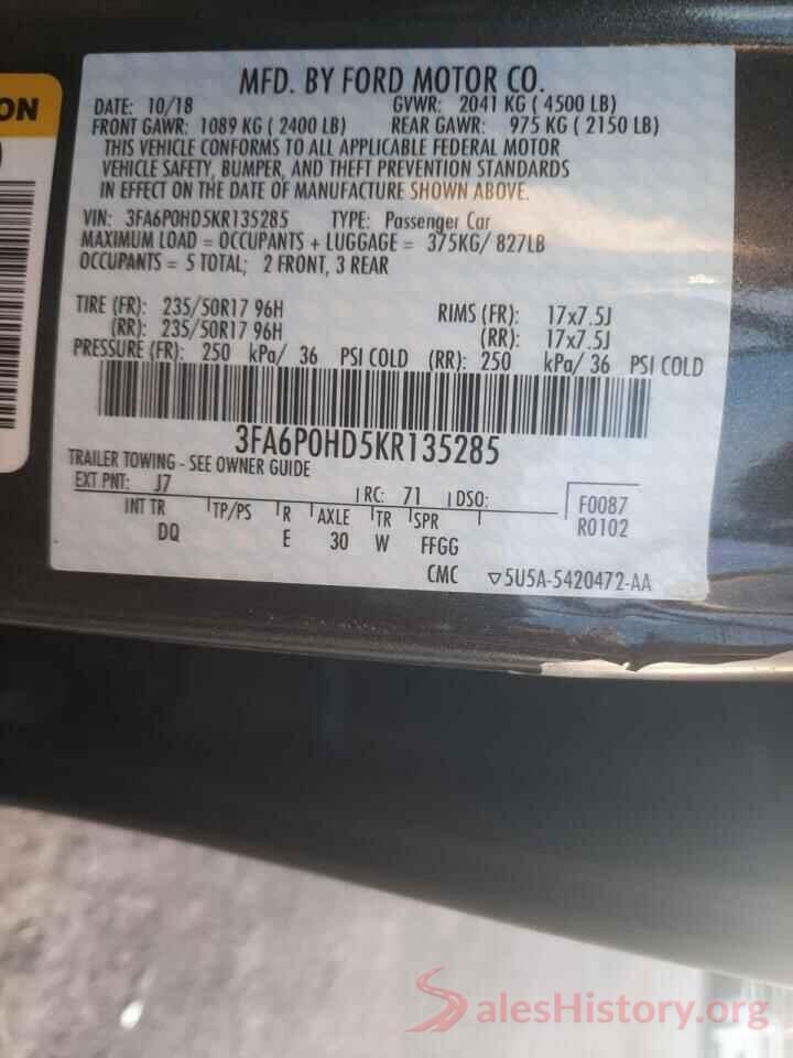 3FA6P0HD5KR135285 2019 FORD FUSION