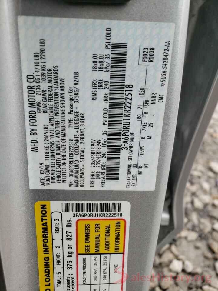 3FA6P0RU1KR222518 2019 FORD FUSION