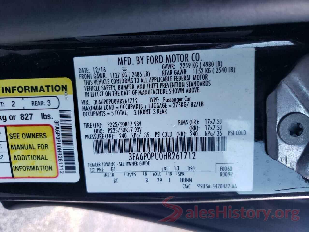 3FA6P0PU0HR261712 2017 FORD FUSION