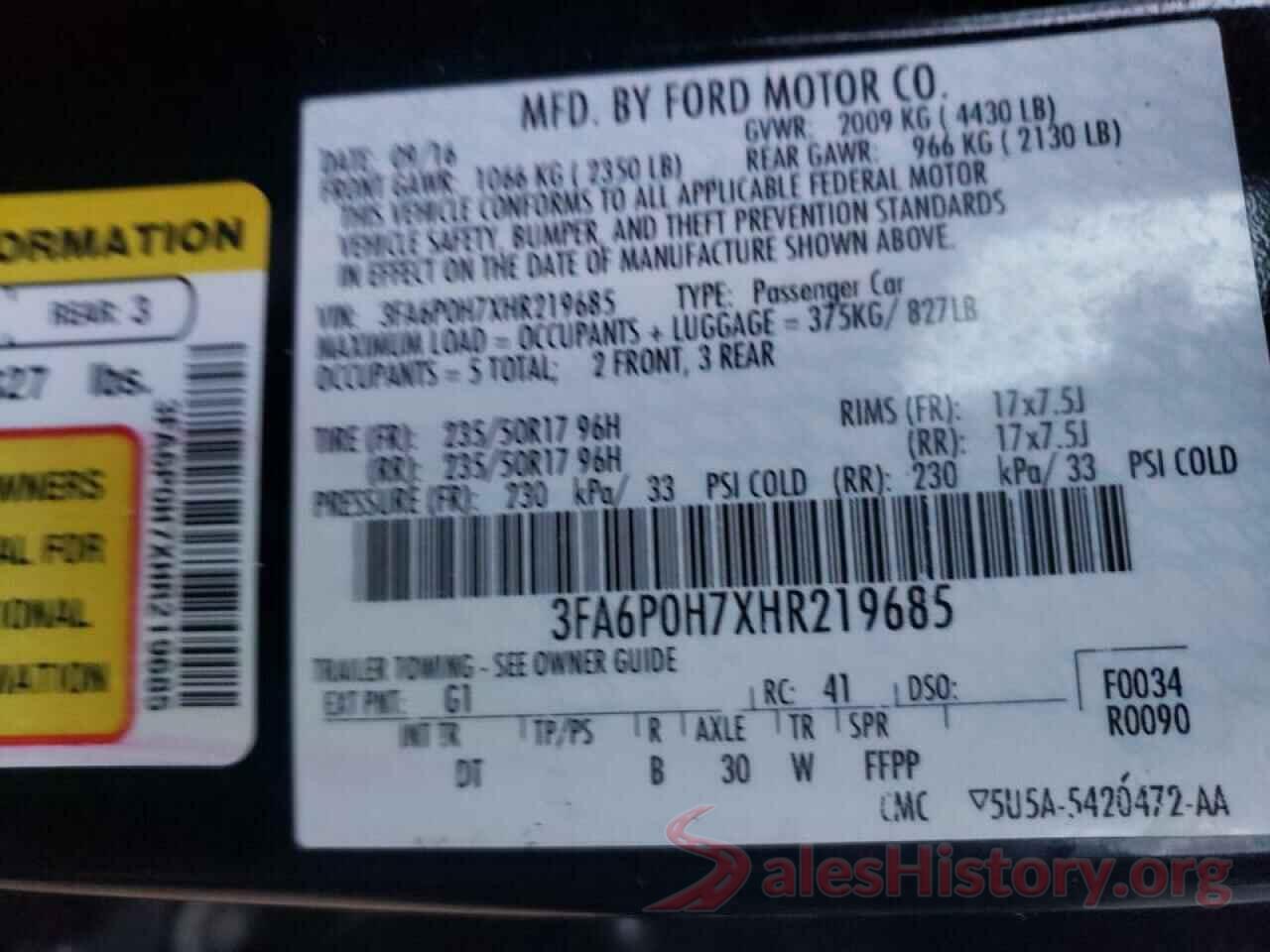 3FA6P0H7XHR219685 2017 FORD FUSION