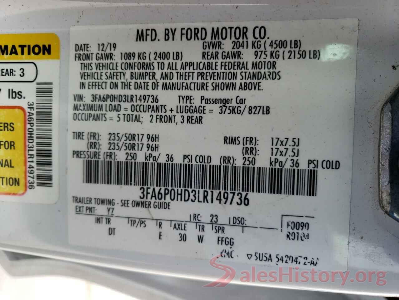 3FA6P0HD3LR149736 2020 FORD FUSION