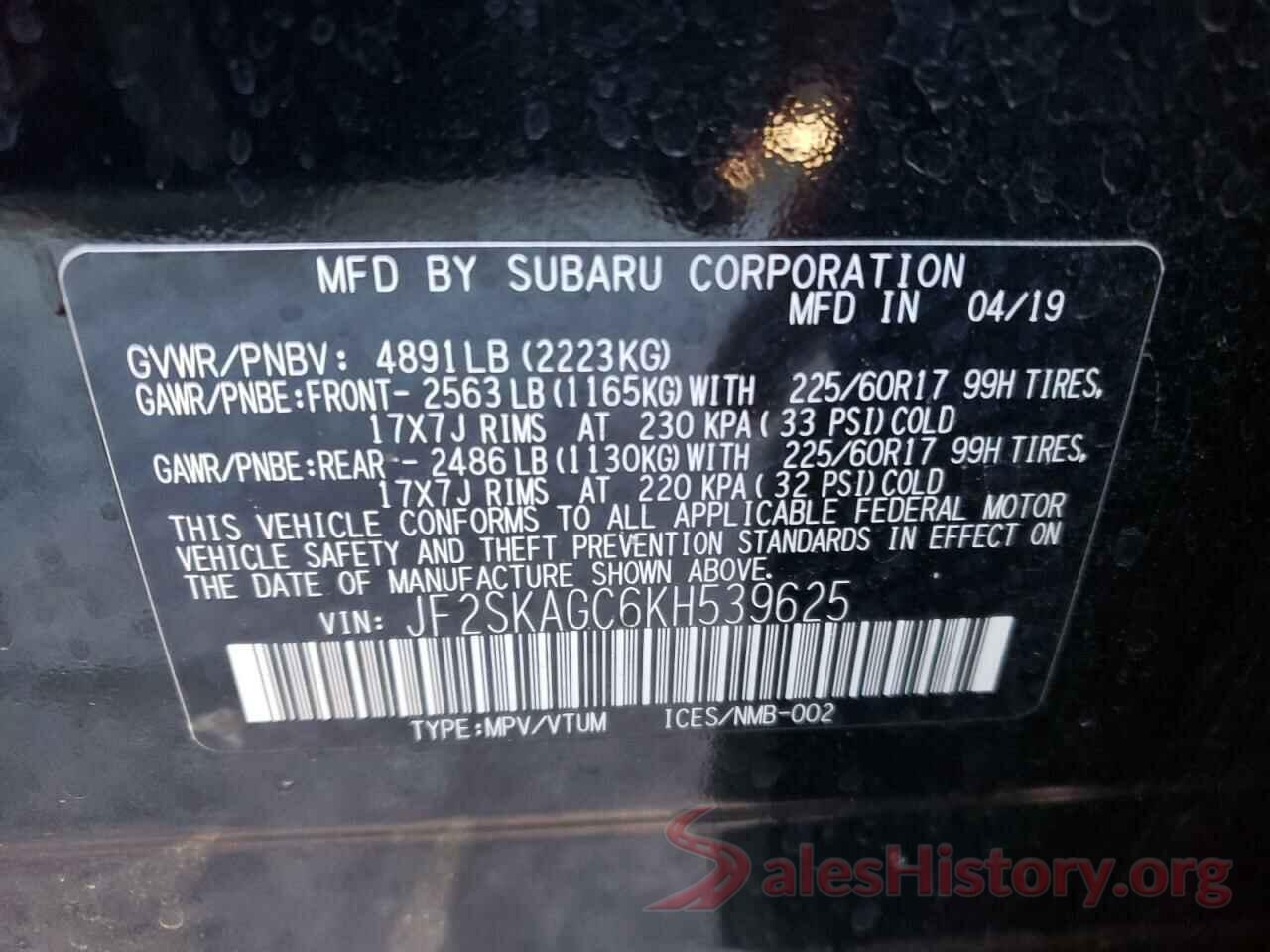 JF2SKAGC6KH539625 2019 SUBARU FORESTER