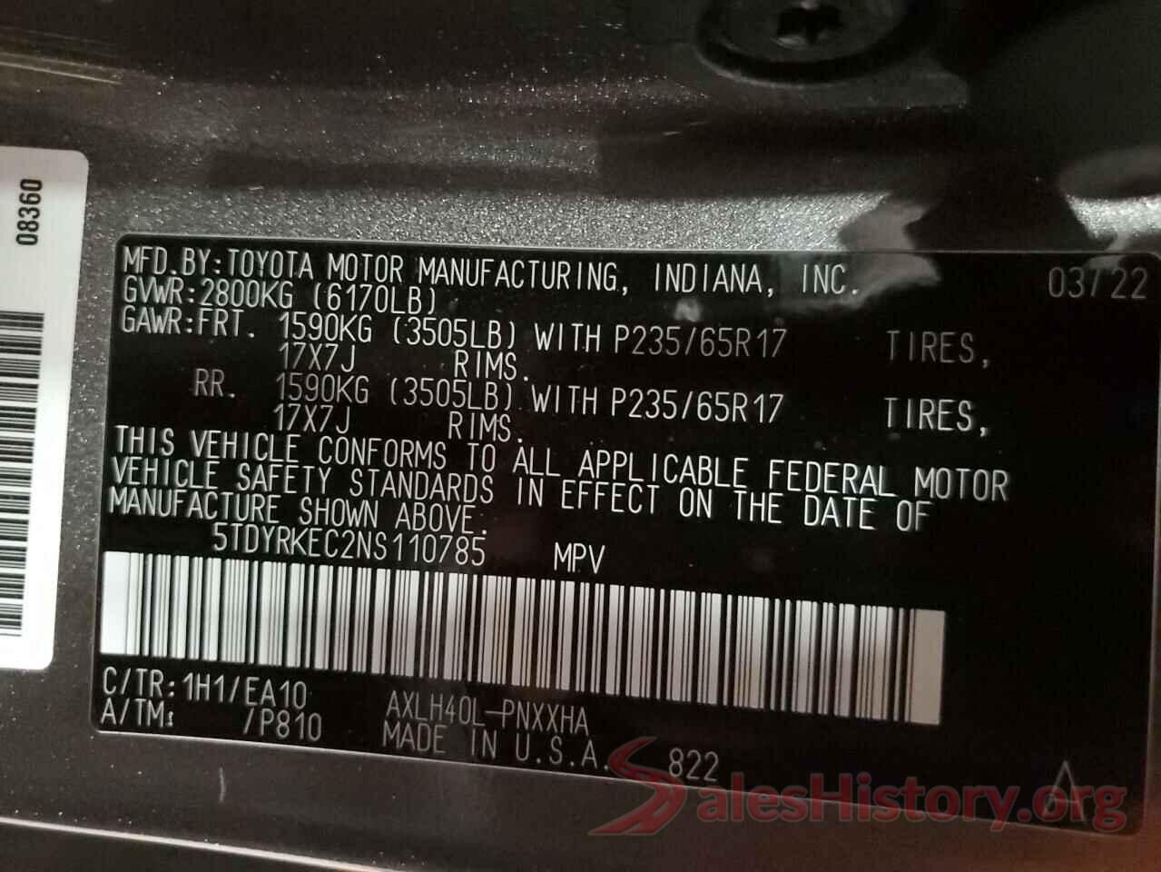 5TDYRKEC2NS110785 2022 TOYOTA SIENNA