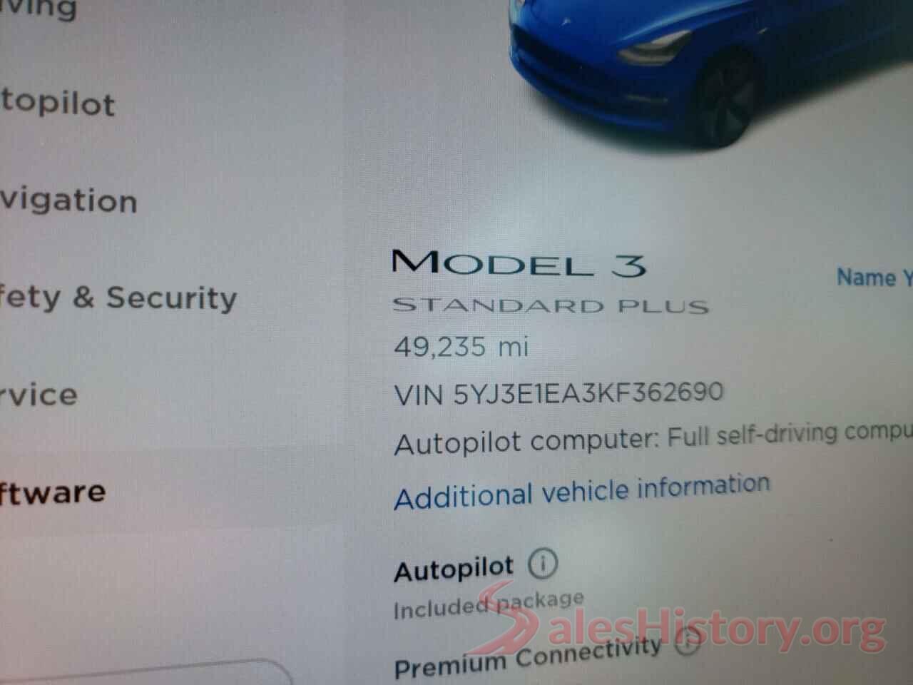 5YJ3E1EA3KF362690 2019 TESLA MODEL 3