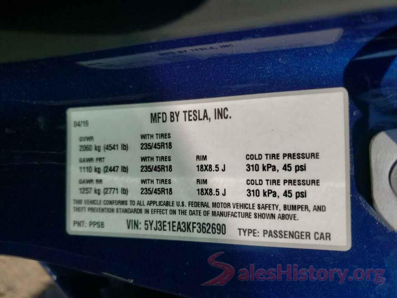 5YJ3E1EA3KF362690 2019 TESLA MODEL 3