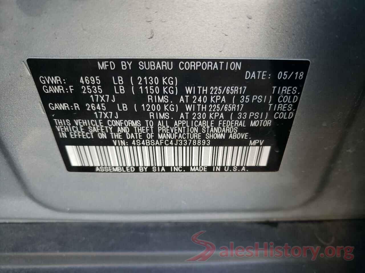 4S4BSAFC4J3378893 2018 SUBARU OUTBACK