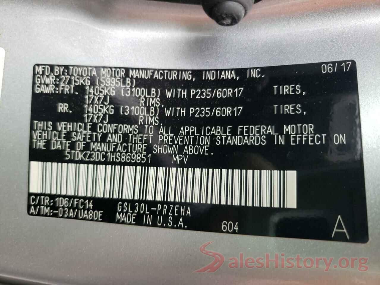 5TDKZ3DC1HS869851 2017 TOYOTA SIENNA