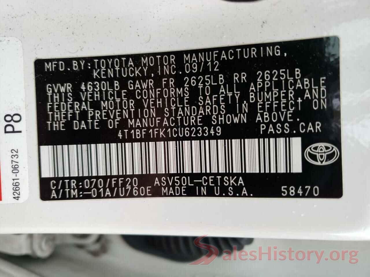 4T1BF1FK1CU623349 2012 TOYOTA CAMRY