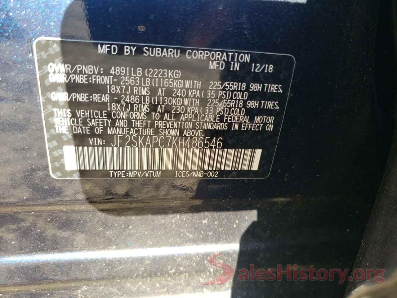 JF2SKAPC7KH486546 2019 SUBARU FORESTER