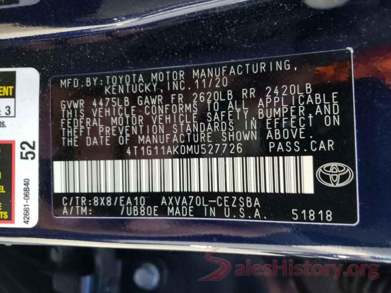 4T1G11AK0MU527726 2021 TOYOTA CAMRY