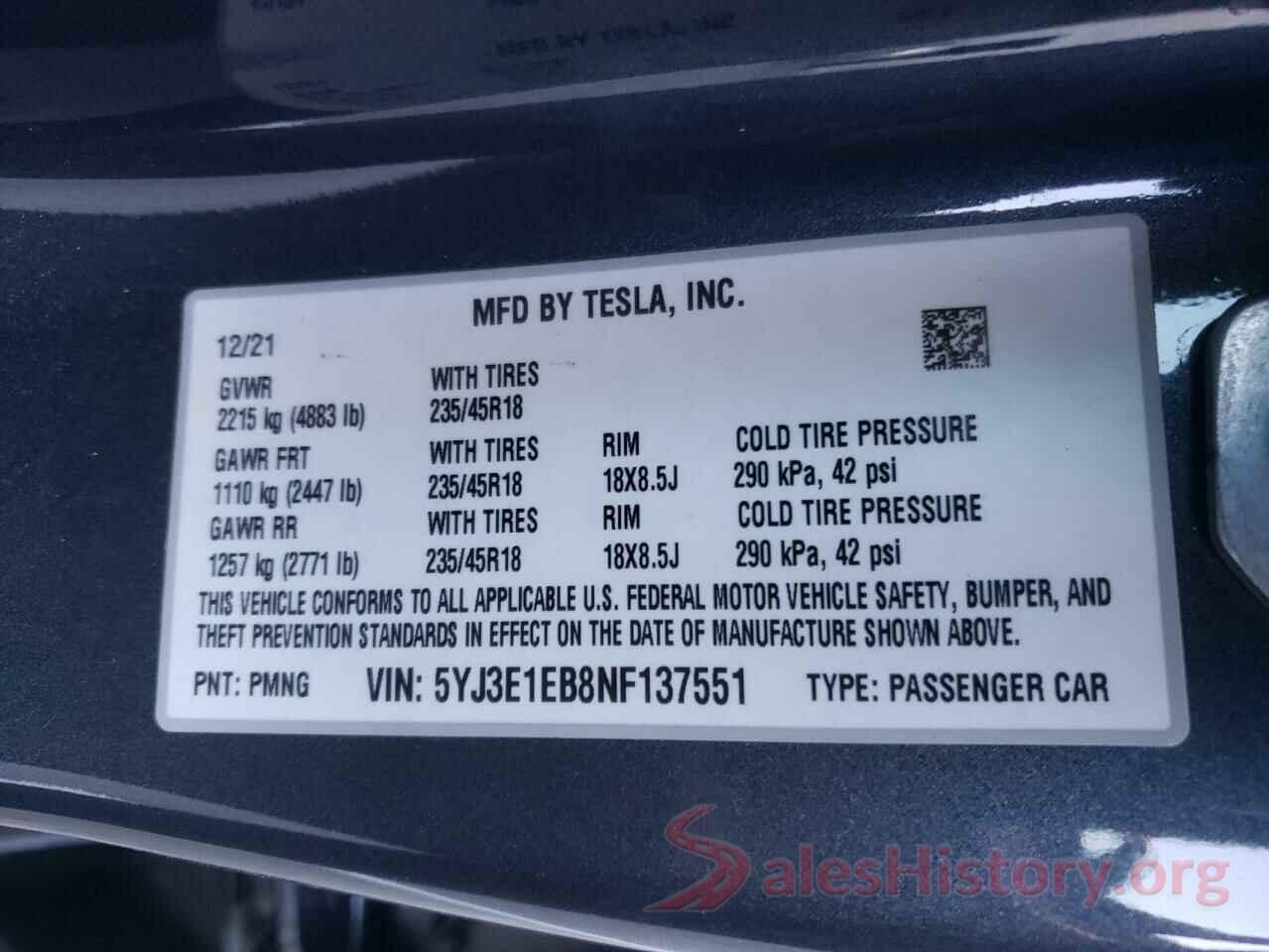 5YJ3E1EB8NF137551 2022 TESLA MODEL 3