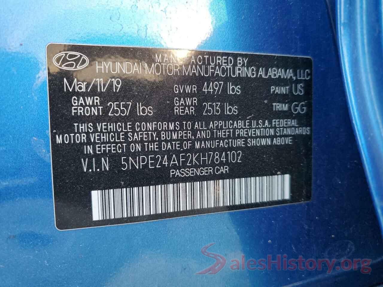 5NPE24AF2KH784102 2019 HYUNDAI SONATA