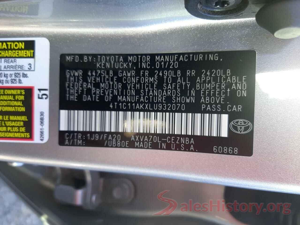 4T1C11AKXLU932070 2020 TOYOTA CAMRY