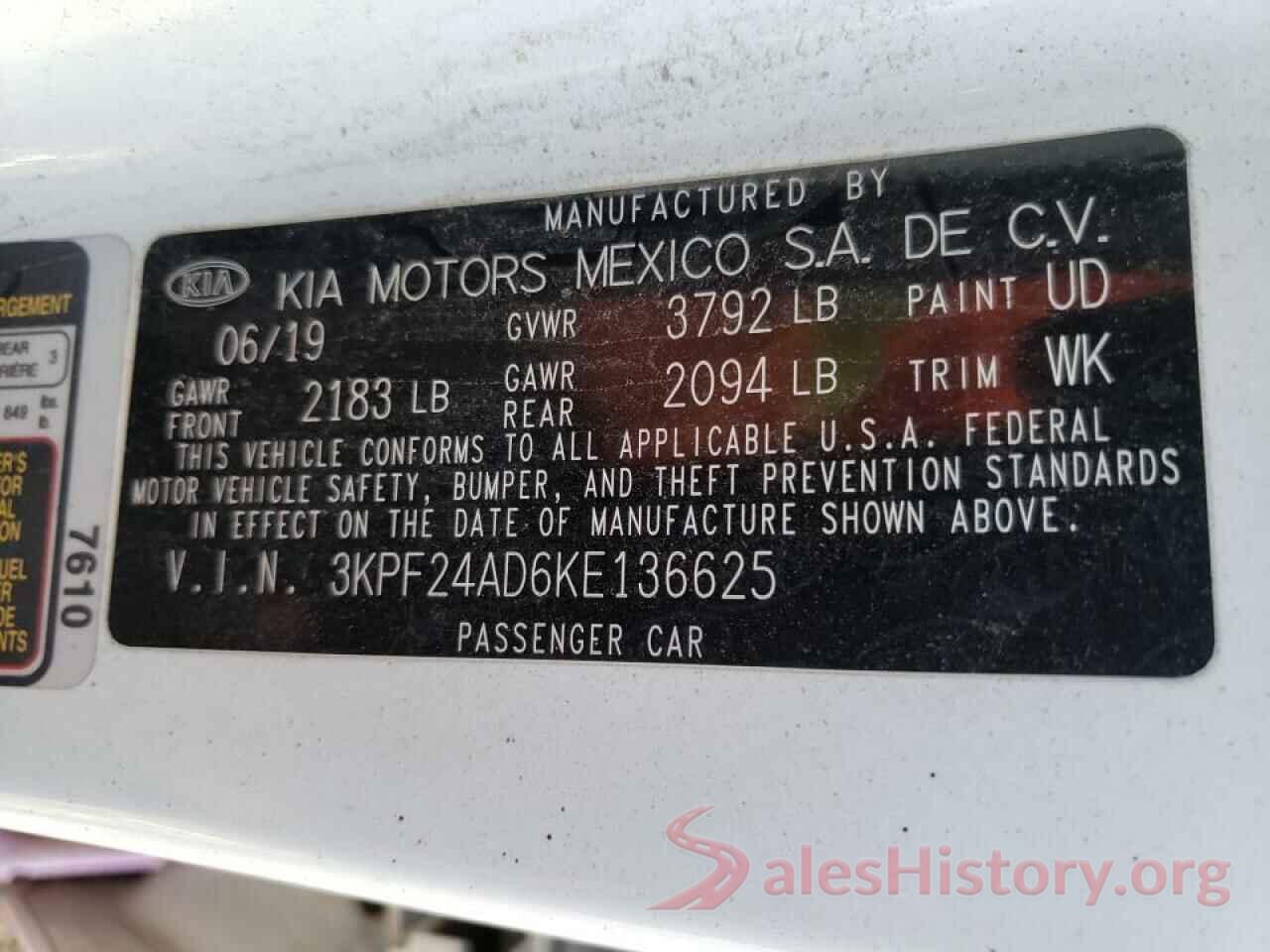 3KPF24AD6KE136625 2019 KIA FORTE