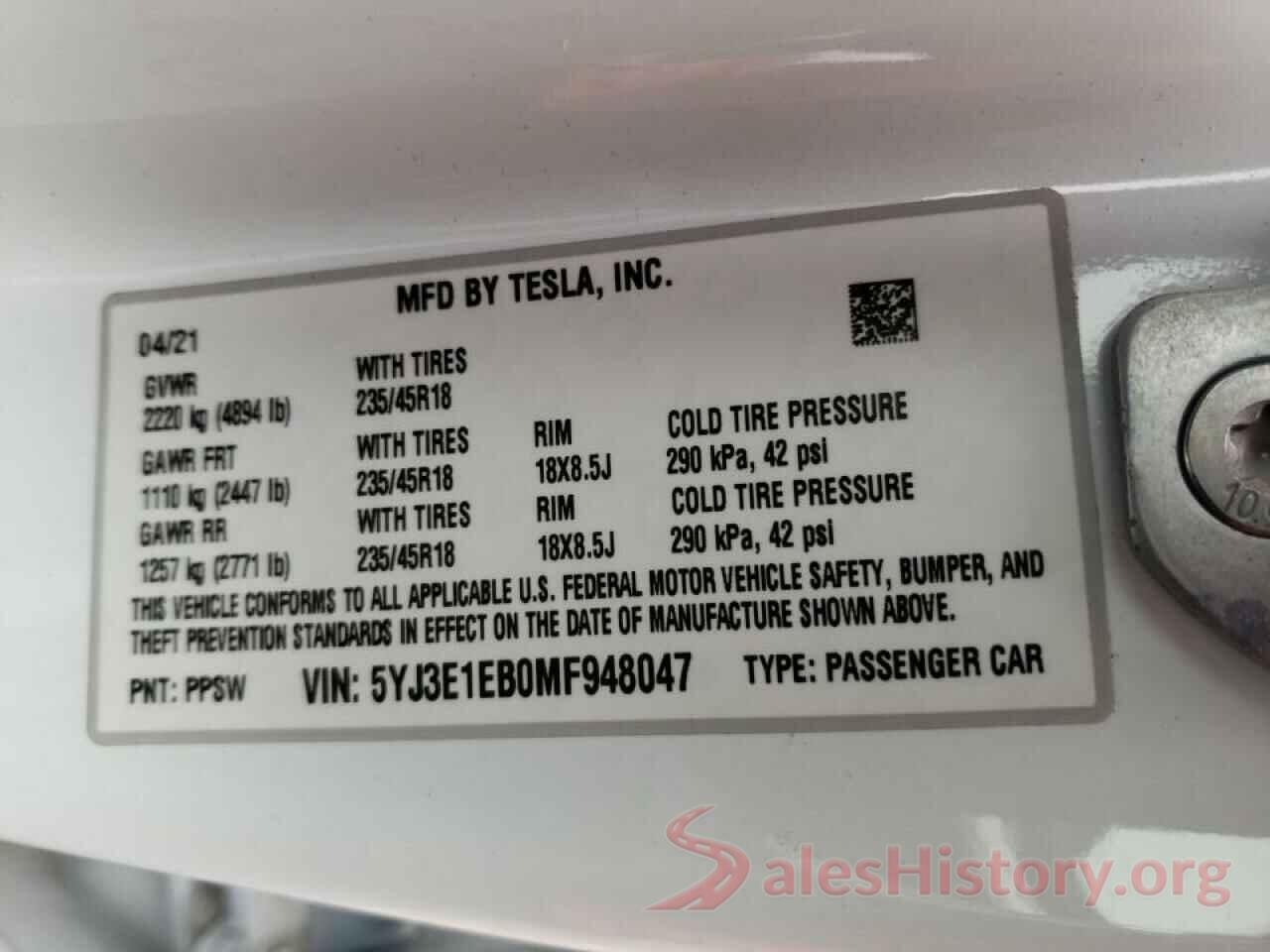 5YJ3E1EB0MF948047 2021 TESLA MODEL 3