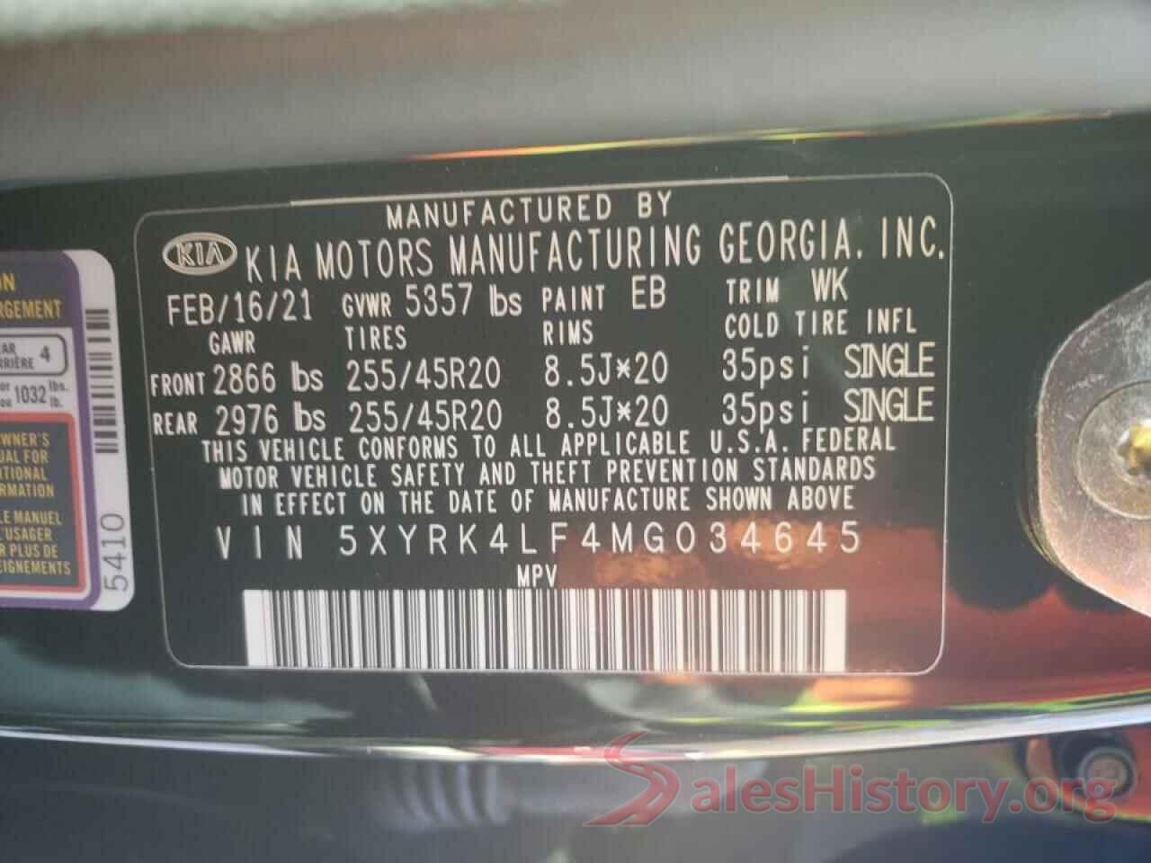 5XYRK4LF4MG034645 2021 KIA SORENTO