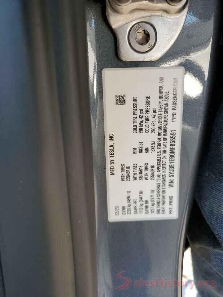 5YJ3E1EB0MF858591 2021 TESLA MODEL 3