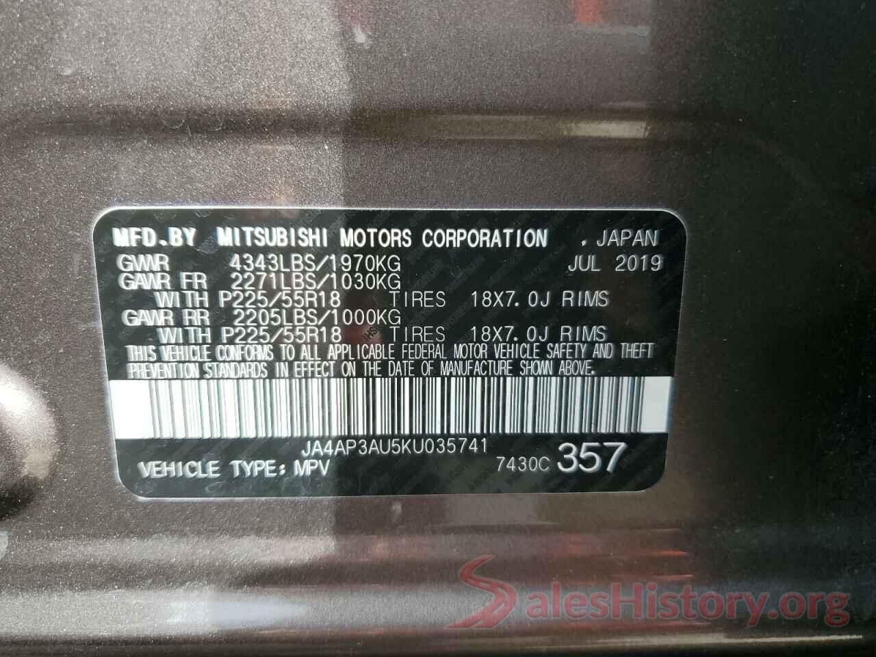 JA4AP3AU5KU035741 2019 MITSUBISHI OUTLANDER