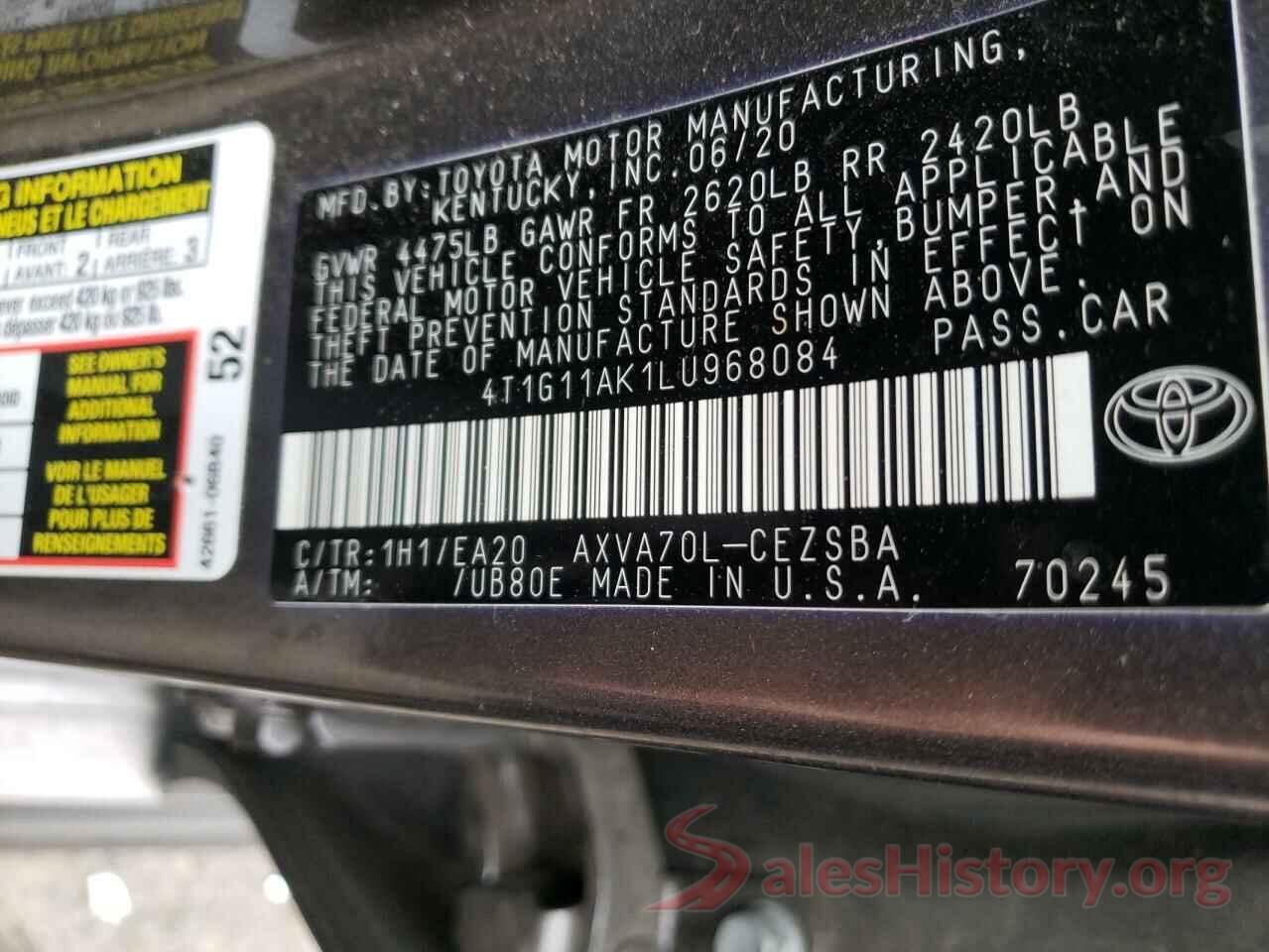 4T1G11AK1LU968084 2020 TOYOTA CAMRY