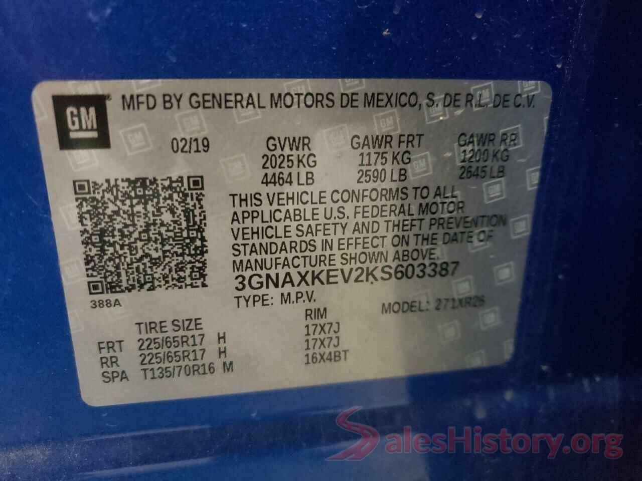 3GNAXKEV2KS603387 2019 CHEVROLET EQUINOX