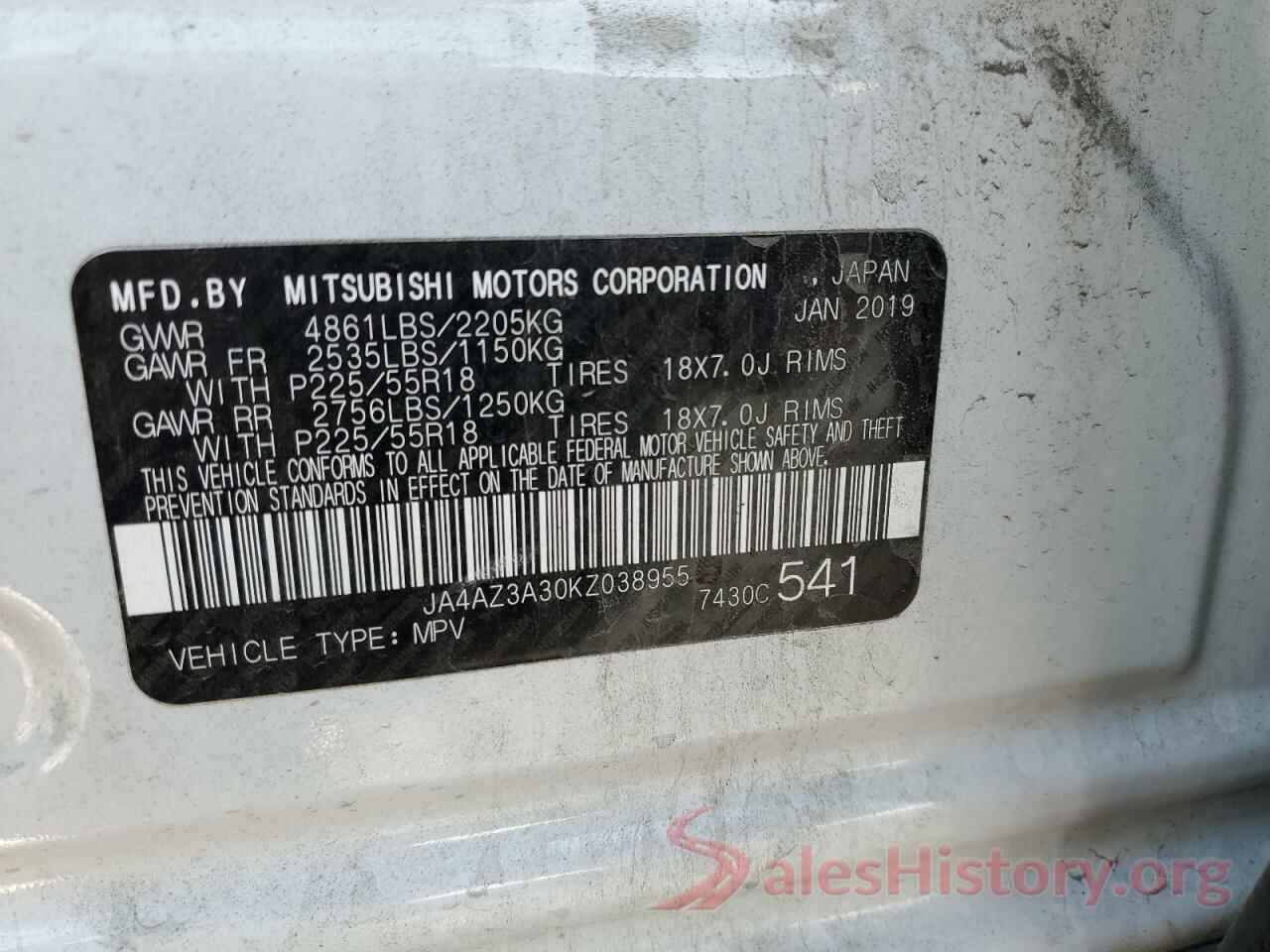 JA4AZ3A30KZ038955 2019 MITSUBISHI OUTLANDER