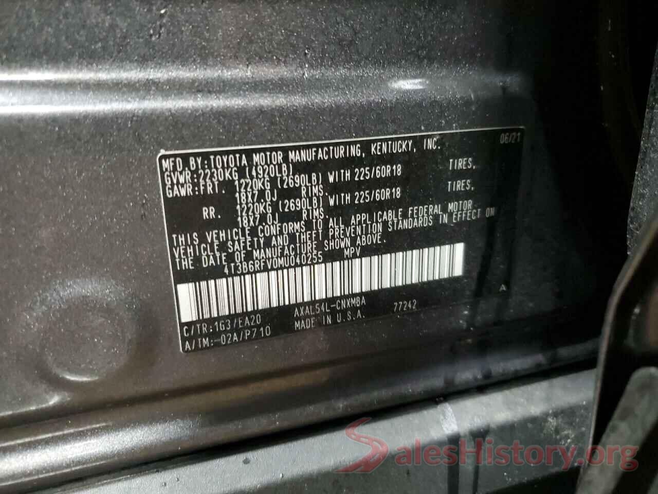 4T3B6RFV0MU040255 2021 TOYOTA RAV4