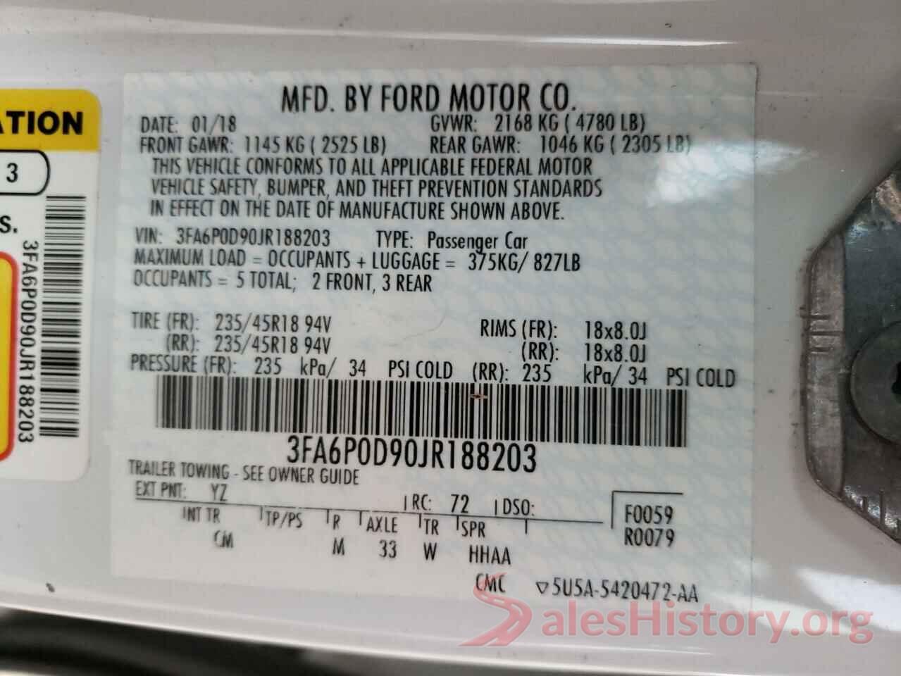 3FA6P0D90JR188203 2018 FORD FUSION