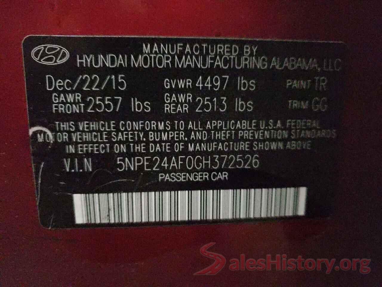 5NPE24AF0GH372526 2016 HYUNDAI SONATA