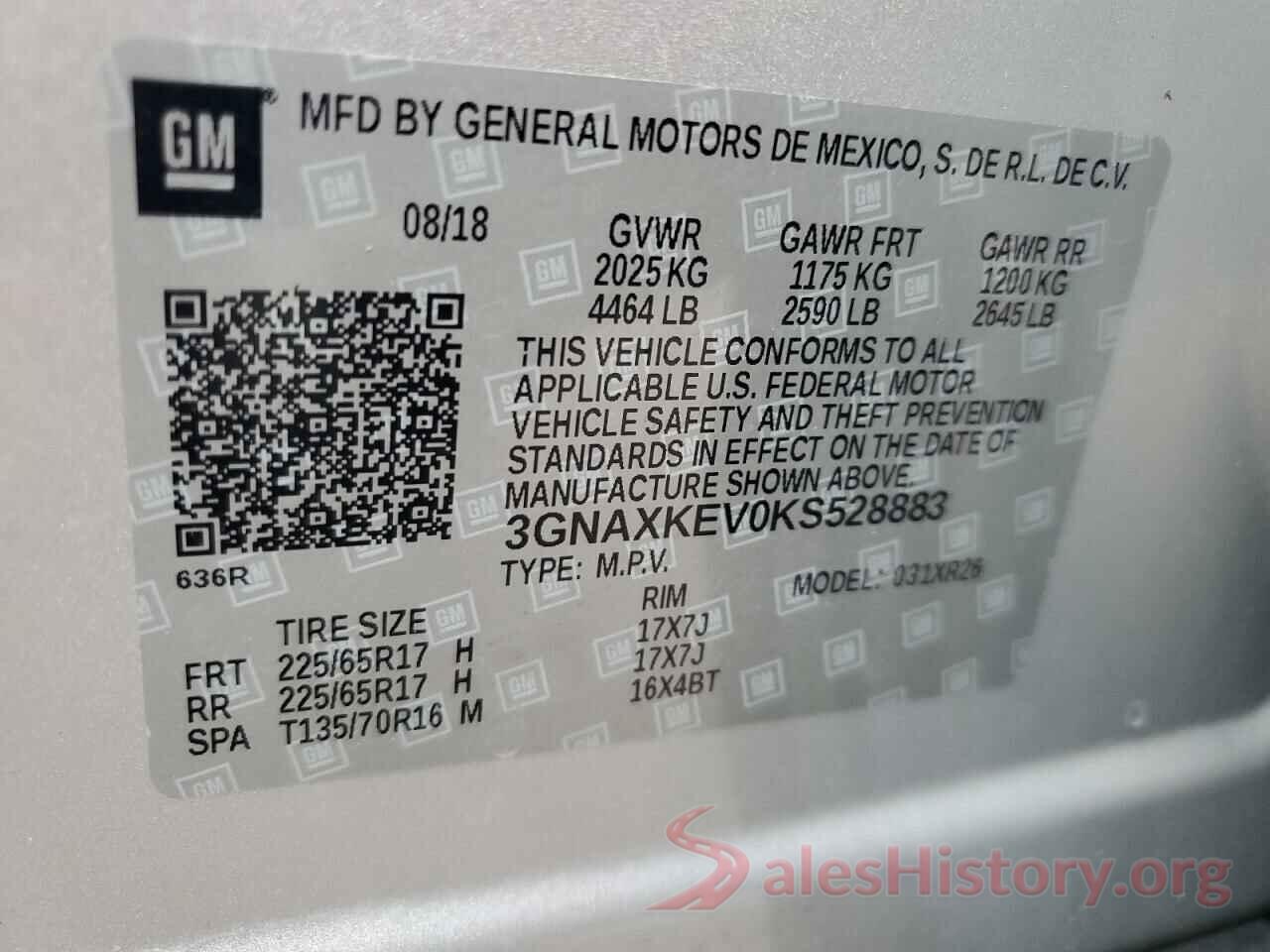 3GNAXKEV0KS528883 2019 CHEVROLET EQUINOX