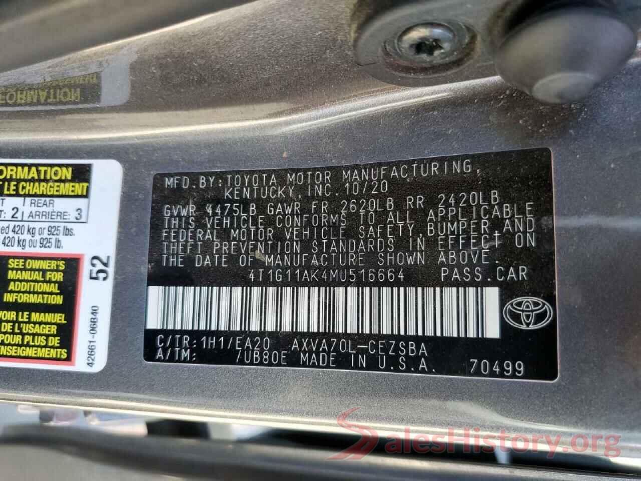 4T1G11AK4MU516664 2021 TOYOTA CAMRY