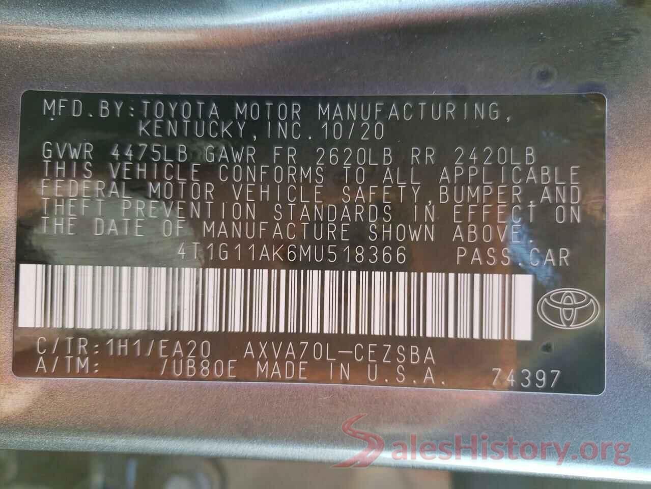 4T1G11AK6MU518366 2021 TOYOTA CAMRY