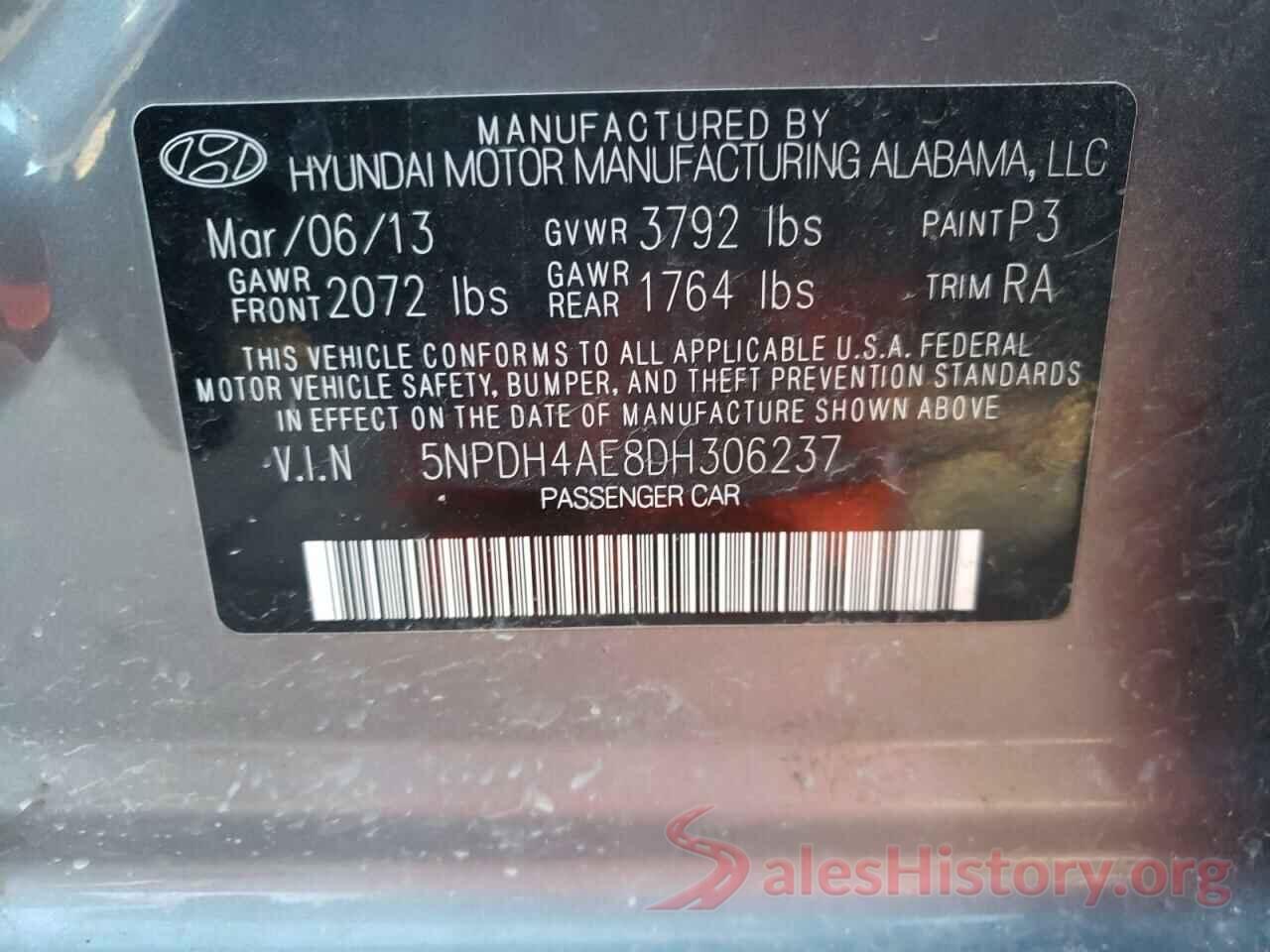 5NPDH4AE8DH306237 2013 HYUNDAI ELANTRA