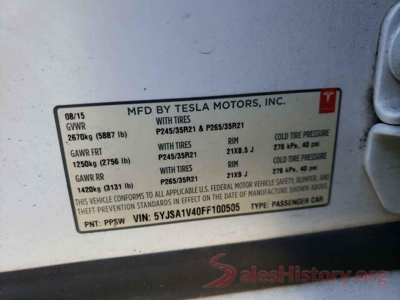 5YJSA1V40FF100505 2015 TESLA MODEL S