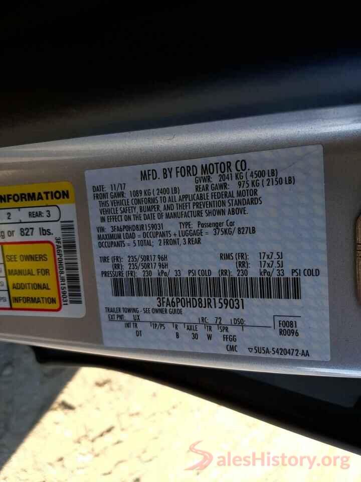 3FA6P0HD8JR159031 2018 FORD FUSION