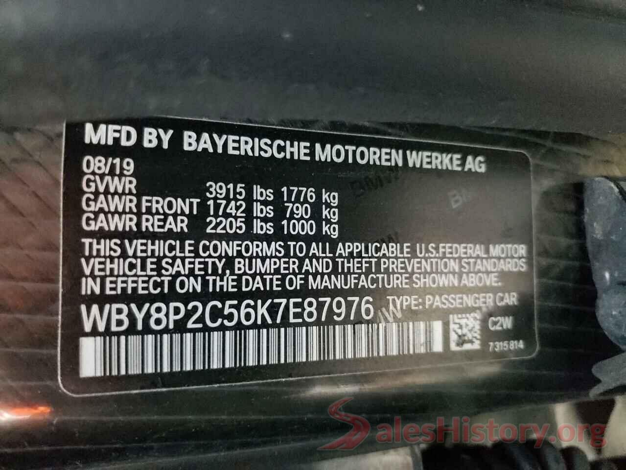 WBY8P2C56K7E87976 2019 BMW I SERIES